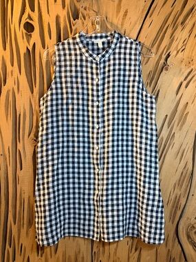 Eileen Fisher Organic Linen Gingham Check Top Size S ✨ PRISTINE